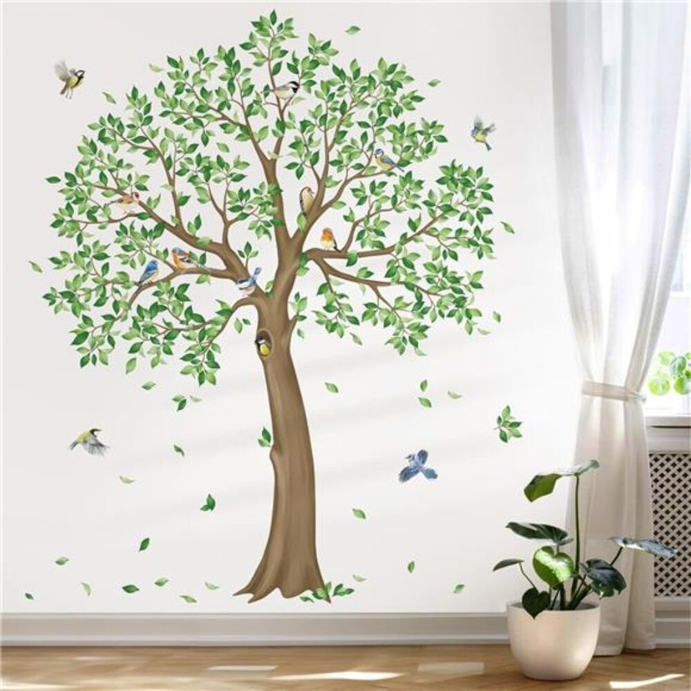 Green Tree Wall Decals Large Peel and Stick Removable Leaves Birds Room Decor